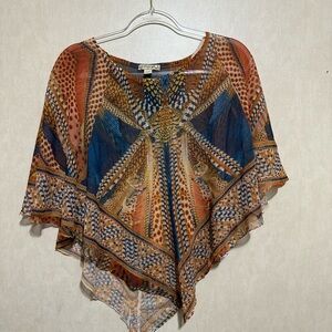 Energe Blue Brown Butterfly Print Sheer Poncho Top